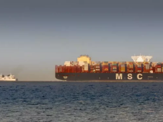 Das größte Containerschiff mit 396 m vor Puttgarden